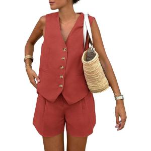 imagePRETTYGARDEN Womens Summer 2 Piece Outfits Sleeveless Matching Sets Button Down V Neck Vest Waistcoat and Pockets ShortsRust Red