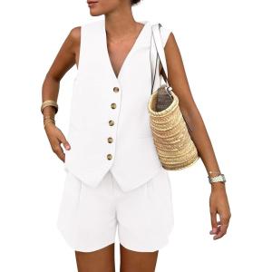 imagePRETTYGARDEN Womens Summer 2 Piece Outfits Sleeveless Matching Sets Button Down V Neck Vest Waistcoat and Pockets ShortsWhite