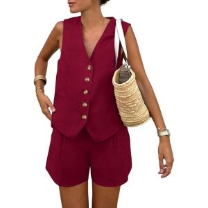 imagePRETTYGARDEN Womens Summer 2 Piece Outfits Sleeveless Matching Sets Button Down V Neck Vest Waistcoat and Pockets ShortsWine Red