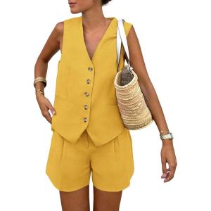 imagePRETTYGARDEN Womens Summer 2 Piece Outfits Sleeveless Matching Sets Button Down V Neck Vest Waistcoat and Pockets ShortsYellow