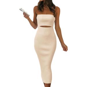 imagePRETTYGARDEN Womens Summer Midi Bodycon Dress Strapless Cut Out Knit Tube Long Fitted DressesSolid Beige