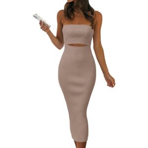 imagePRETTYGARDEN Womens Summer Midi Bodycon Dress Strapless Cut Out Knit Tube Long Fitted DressesSolid Khaki