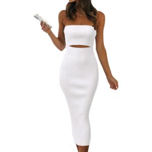 imagePRETTYGARDEN Womens Summer Midi Bodycon Dress Strapless Cut Out Knit Tube Long Fitted DressesSolid White