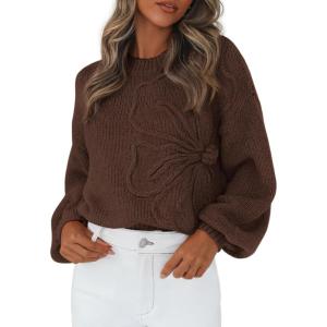 imagePRETTYGARDEN Womens Sweaters 2025 Fall Fashion Long Sleeve Crewneck Floral Knit Pullover Sweater Tops Winter ClothesBrown