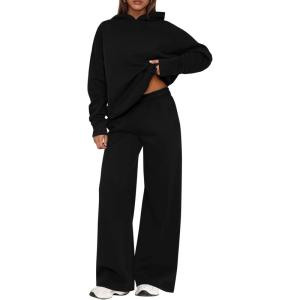 imagePRETTYGARDEN Womens Sweatsuits 2 Piece Set 2025 Casual Winter Long Sleeve Hoodie Loose Wide Leg Sweatpants Fall TracksuitBlack