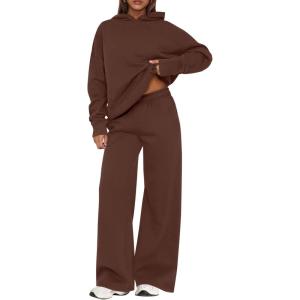 imagePRETTYGARDEN Womens Sweatsuits 2 Piece Set 2025 Casual Winter Long Sleeve Hoodie Loose Wide Leg Sweatpants Fall TracksuitBrown