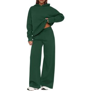 imagePRETTYGARDEN Womens Sweatsuits 2 Piece Set 2025 Casual Winter Long Sleeve Hoodie Loose Wide Leg Sweatpants Fall TracksuitDark Green