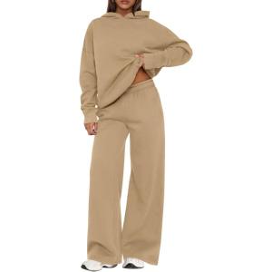 imagePRETTYGARDEN Womens Sweatsuits 2 Piece Set 2025 Casual Winter Long Sleeve Hoodie Loose Wide Leg Sweatpants Fall TracksuitKhaki