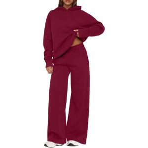 imagePRETTYGARDEN Womens Sweatsuits 2 Piece Set 2025 Casual Winter Long Sleeve Hoodie Loose Wide Leg Sweatpants Fall TracksuitWine Red