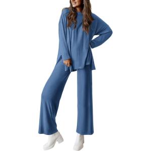 imagePRETTYGARDEN Womens Two Piece Lounge Sets Matching Long Sleeve Shirts Wide Leg Pants Tracksuits Travel Outfits Fall ClothesBlue