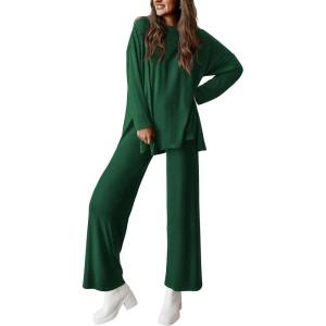 imagePRETTYGARDEN Womens Two Piece Lounge Sets Matching Long Sleeve Shirts Wide Leg Pants Tracksuits Travel Outfits Fall ClothesDark Green