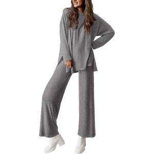 imagePRETTYGARDEN Womens Two Piece Lounge Sets Matching Long Sleeve Shirts Wide Leg Pants Tracksuits Travel Outfits Fall ClothesDark Grey