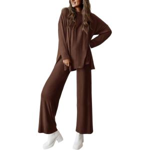 imagePRETTYGARDEN Womens Two Piece Lounge Sets Matching Long Sleeve Shirts Wide Leg Pants Tracksuits Travel Outfits Fall ClothesLight Coffee