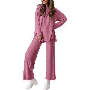 imagePRETTYGARDEN Womens Two Piece Lounge Sets Matching Long Sleeve Shirts Wide Leg Pants Tracksuits Travel Outfits Fall ClothesPink