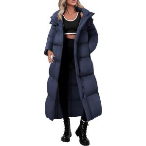 imagePRETTYGARDEN Womens Winter Long Puffer Coats Hooded Zip Up Casual Thickened Down Jackets Trendy Warm Clothes OuterwearDark Blue