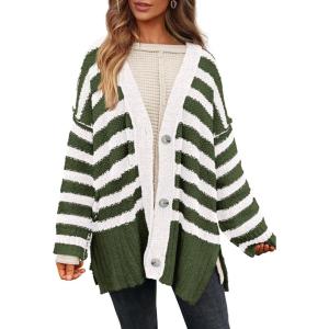 imagePRETTYGARDEN Womens Winter Striped Cardigan Sweaters Long Sleeve Button Down Open Front Chunky Knit Oversized Sweater CoatStriped Army Green White