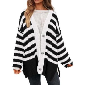 imagePRETTYGARDEN Womens Winter Striped Cardigan Sweaters Long Sleeve Button Down Open Front Chunky Knit Oversized Sweater CoatStriped Black White