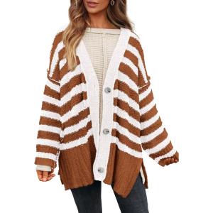 imagePRETTYGARDEN Womens Winter Striped Cardigan Sweaters Long Sleeve Button Down Open Front Chunky Knit Oversized Sweater CoatStriped Brown White