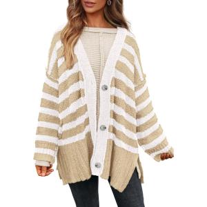 imagePRETTYGARDEN Womens Winter Striped Cardigan Sweaters Long Sleeve Button Down Open Front Chunky Knit Oversized Sweater CoatStriped Khaki White