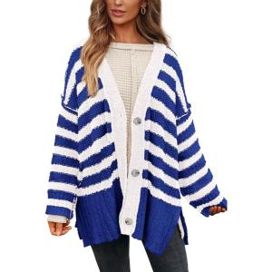 imagePRETTYGARDEN Womens Winter Striped Cardigan Sweaters Long Sleeve Button Down Open Front Chunky Knit Oversized Sweater CoatStriped Royal Blue White