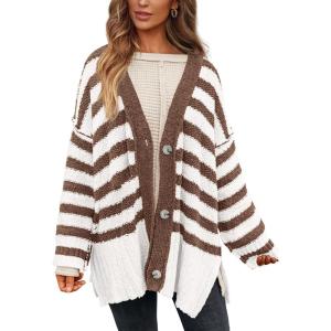 imagePRETTYGARDEN Womens Winter Striped Cardigan Sweaters Long Sleeve Button Down Open Front Chunky Knit Oversized Sweater CoatStriped White Coffee