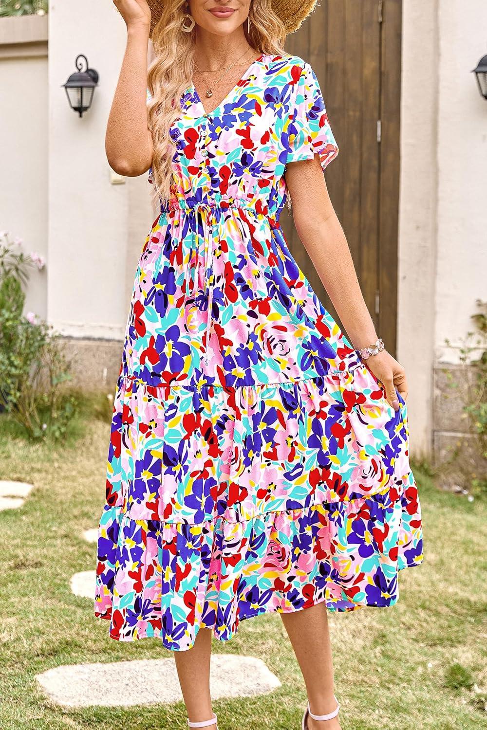 imagePRETTYGARDEN Summer Floral Dress for Women 2025 Casual Boho Short Sleeve Maxi Dresses V Neck Tiered Flowy Beach SundressPrint Multicolored