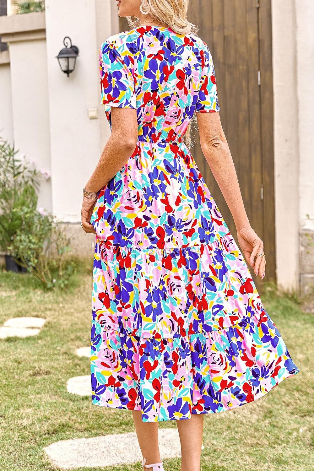 imagePRETTYGARDEN Summer Floral Dress for Women 2025 Casual Boho Short Sleeve Maxi Dresses V Neck Tiered Flowy Beach SundressPrint Multicolored