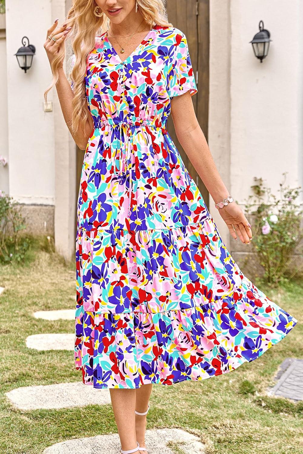 imagePRETTYGARDEN Summer Floral Dress for Women 2025 Casual Boho Short Sleeve Maxi Dresses V Neck Tiered Flowy Beach SundressPrint Multicolored
