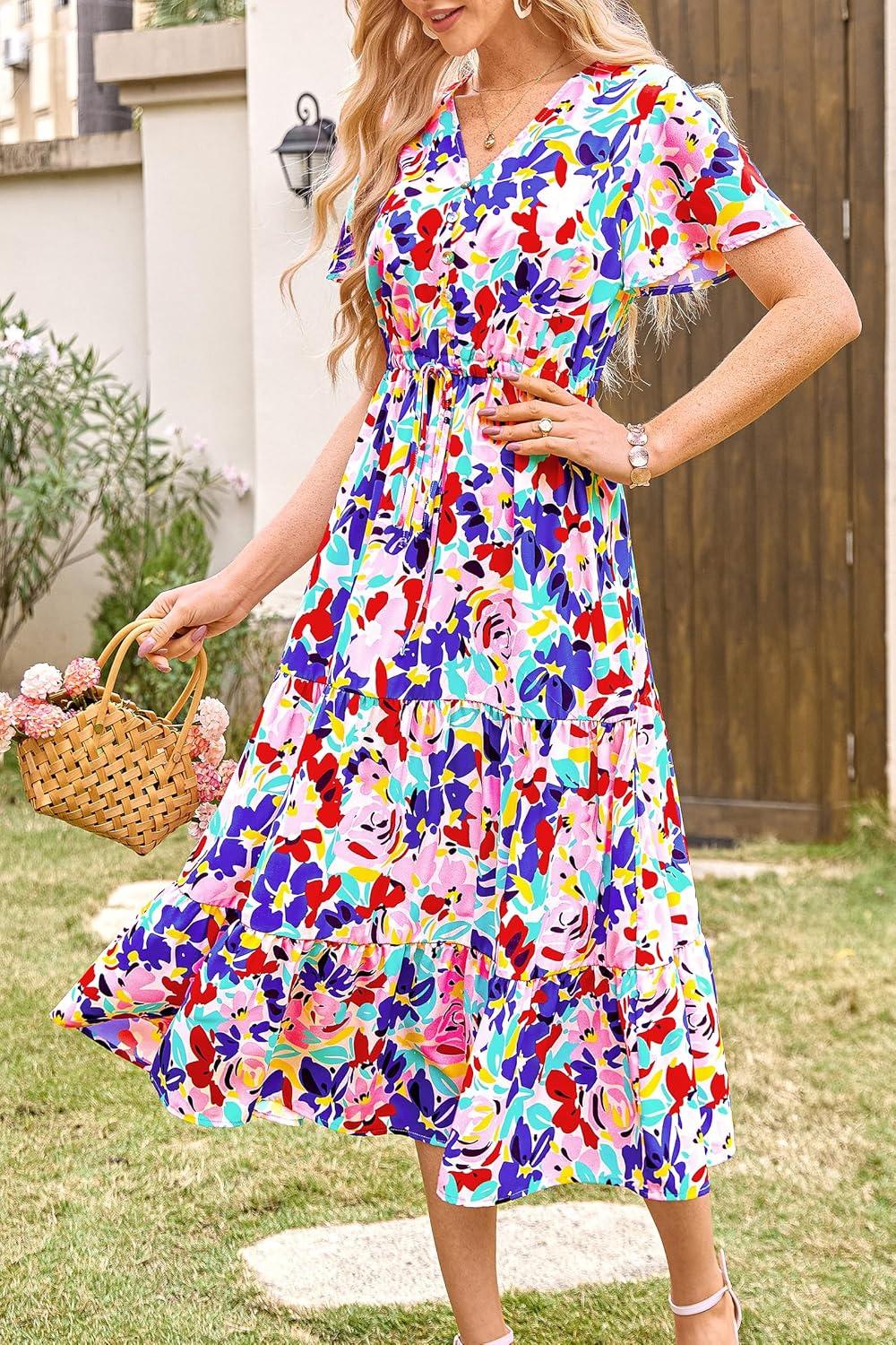 imagePRETTYGARDEN Summer Floral Dress for Women 2025 Casual Boho Short Sleeve Maxi Dresses V Neck Tiered Flowy Beach SundressPrint Multicolored