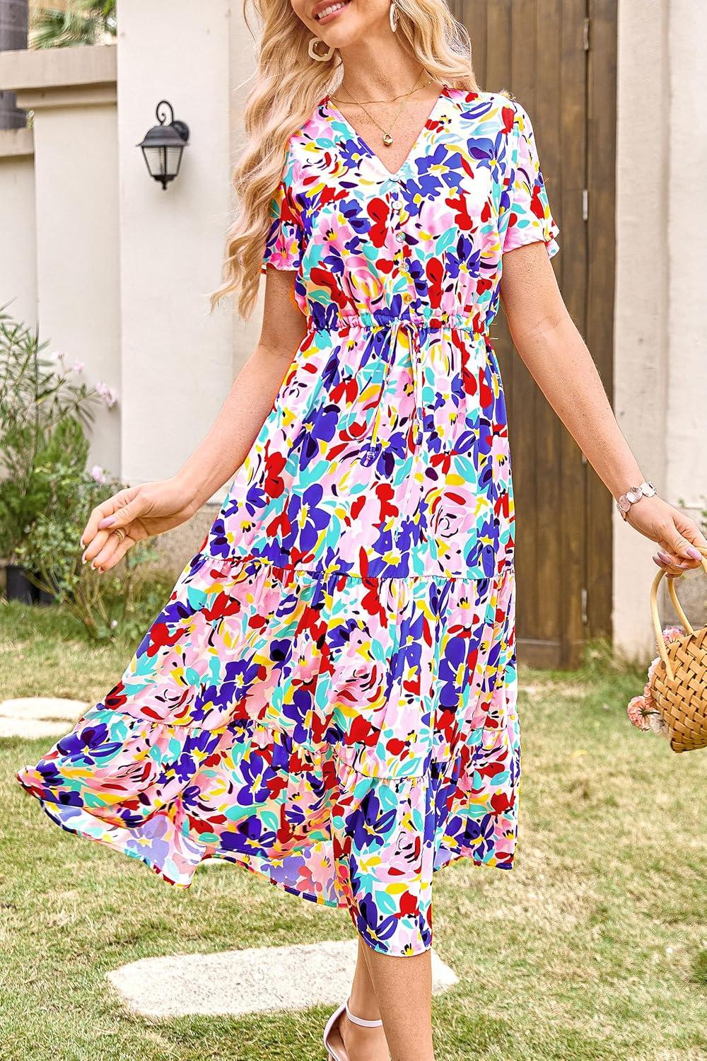 imagePRETTYGARDEN Summer Floral Dress for Women 2025 Casual Boho Short Sleeve Maxi Dresses V Neck Tiered Flowy Beach SundressPrint Multicolored