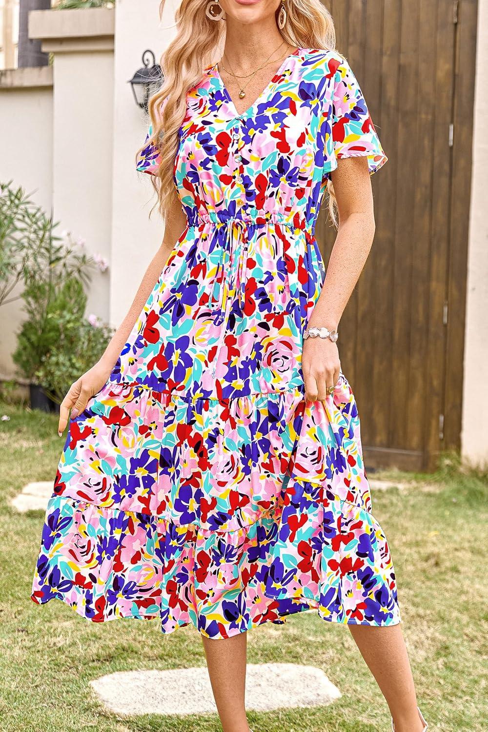 imagePRETTYGARDEN Summer Floral Dress for Women 2025 Casual Boho Short Sleeve Maxi Dresses V Neck Tiered Flowy Beach SundressPrint Multicolored