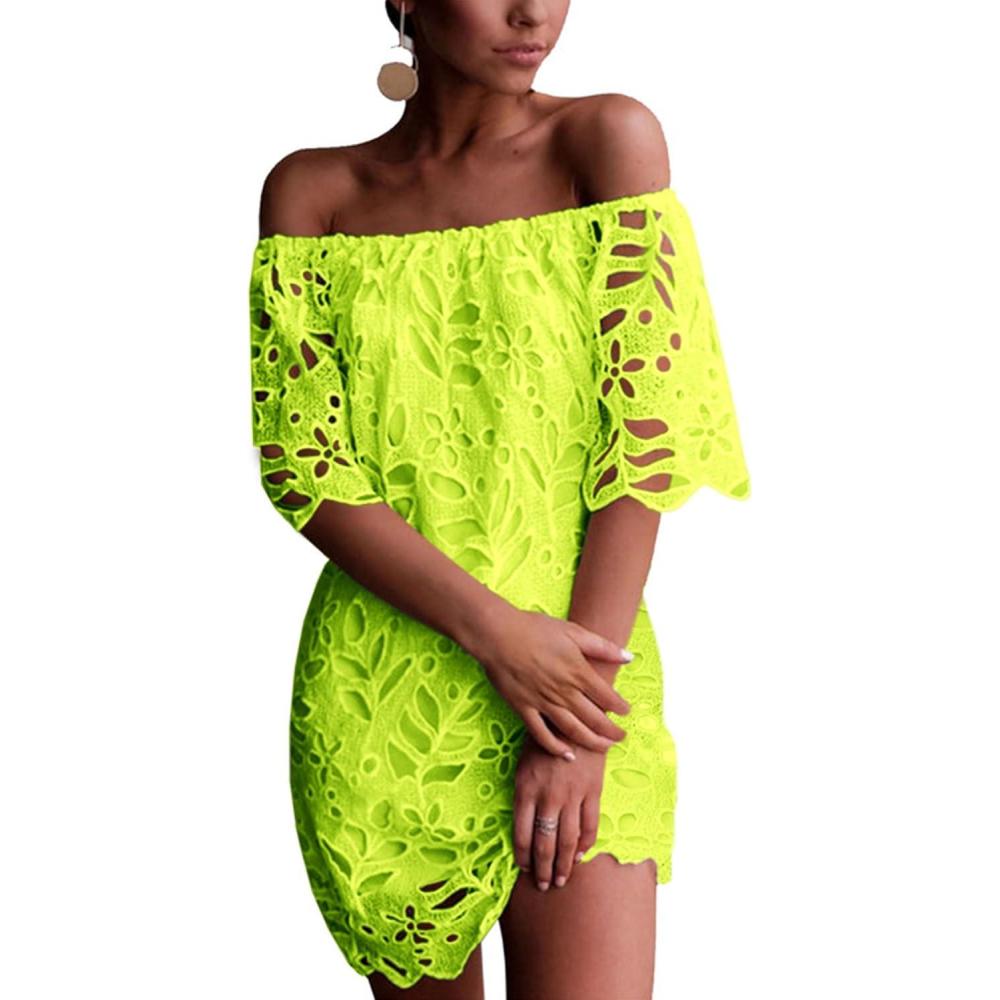 imagePRETTYGARDEN Womens Summer Off Shoulder Dresses Floral Lace Flare Short Sleeve Spring Vintage Elegant Mini DressFluorescent Green