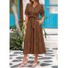 imagePRETTYGARDEN Summer Dresses for Women 2025 Elegant Classy Short Sleeve V Neck Ruffle A Line Belted Long Flowy Beach DressCoffee