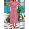 imagePRETTYGARDEN Summer Dresses for Women 2025 Elegant Classy Short Sleeve V Neck Ruffle A Line Belted Long Flowy Beach DressDark Pink