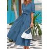 imagePRETTYGARDEN Summer Dresses for Women 2025 Elegant Classy Short Sleeve V Neck Ruffle A Line Belted Long Flowy Beach DressGrey Blue