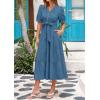 imagePRETTYGARDEN Summer Dresses for Women 2025 Elegant Classy Short Sleeve V Neck Ruffle A Line Belted Long Flowy Beach DressGrey Blue