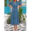 imagePRETTYGARDEN Summer Dresses for Women 2025 Elegant Classy Short Sleeve V Neck Ruffle A Line Belted Long Flowy Beach DressGrey Blue