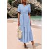 imagePRETTYGARDEN Summer Dresses for Women 2025 Elegant Classy Short Sleeve V Neck Ruffle A Line Belted Long Flowy Beach DressLight Blue