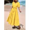 imagePRETTYGARDEN Summer Dresses for Women 2025 Elegant Classy Short Sleeve V Neck Ruffle A Line Belted Long Flowy Beach DressYellow
