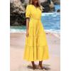 imagePRETTYGARDEN Summer Dresses for Women 2025 Elegant Classy Short Sleeve V Neck Ruffle A Line Belted Long Flowy Beach DressYellow