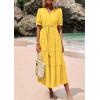imagePRETTYGARDEN Summer Dresses for Women 2025 Elegant Classy Short Sleeve V Neck Ruffle A Line Belted Long Flowy Beach DressYellow
