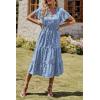 imagePRETTYGARDEN Summer Floral Dress for Women 2025 Casual Boho Short Sleeve Maxi Dresses V Neck Tiered Flowy Beach SundressBlue White Floral