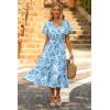 imagePRETTYGARDEN Summer Floral Dress for Women 2025 Casual Boho Short Sleeve Maxi Dresses V Neck Tiered Flowy Beach SundressWhite Blue Floral