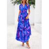 imagePRETTYGARDEN Womens 2025 Summer Boho Maxi Dresses Floral Short Sleeve V Neck A Line Tiered Flowy Long Beach Vacation DressRoyal Blue