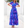 imagePRETTYGARDEN Womens 2025 Summer Boho Maxi Dresses Floral Short Sleeve V Neck A Line Tiered Flowy Long Beach Vacation DressRoyal Blue