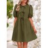 imagePRETTYGARDEN Womens 2025 Summer Casual Short Sleeve Dresses A Line Bow Tie Front Babydoll Loose Cute Mini Dress with PocketsArmy Green