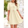 imagePRETTYGARDEN Womens 2025 Summer Casual Short Sleeve Dresses A Line Bow Tie Front Babydoll Loose Cute Mini Dress with PocketsBeige