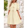 imagePRETTYGARDEN Womens 2025 Summer Casual Short Sleeve Dresses A Line Bow Tie Front Babydoll Loose Cute Mini Dress with PocketsBeige