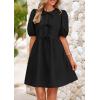imagePRETTYGARDEN Womens 2025 Summer Casual Short Sleeve Dresses A Line Bow Tie Front Babydoll Loose Cute Mini Dress with PocketsBlack
