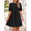 imagePRETTYGARDEN Womens 2025 Summer Casual Short Sleeve Dresses A Line Bow Tie Front Babydoll Loose Cute Mini Dress with PocketsBlack